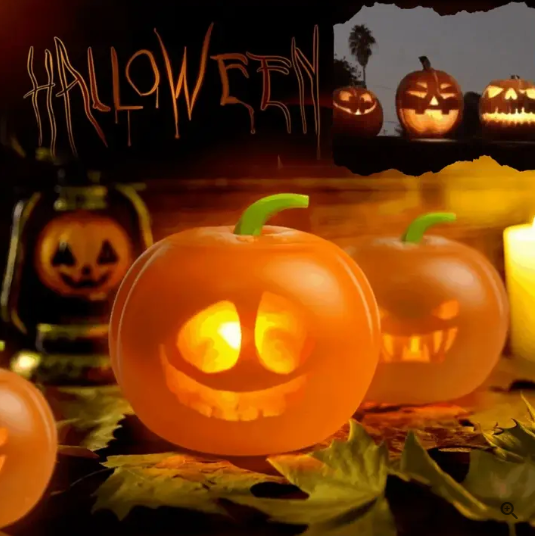Halloween-themed display with Talking and Singing Pumpkin Projectors and 'Halloween' text.