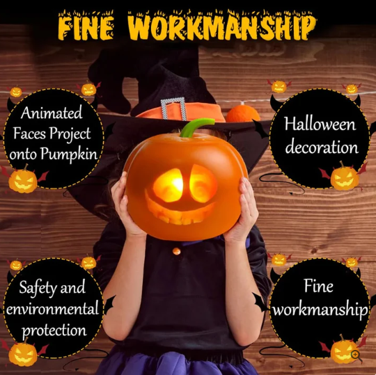 Person wearing a witch hat with a pumpkin in front of their face on a wooden background, surrounded by text about product features.