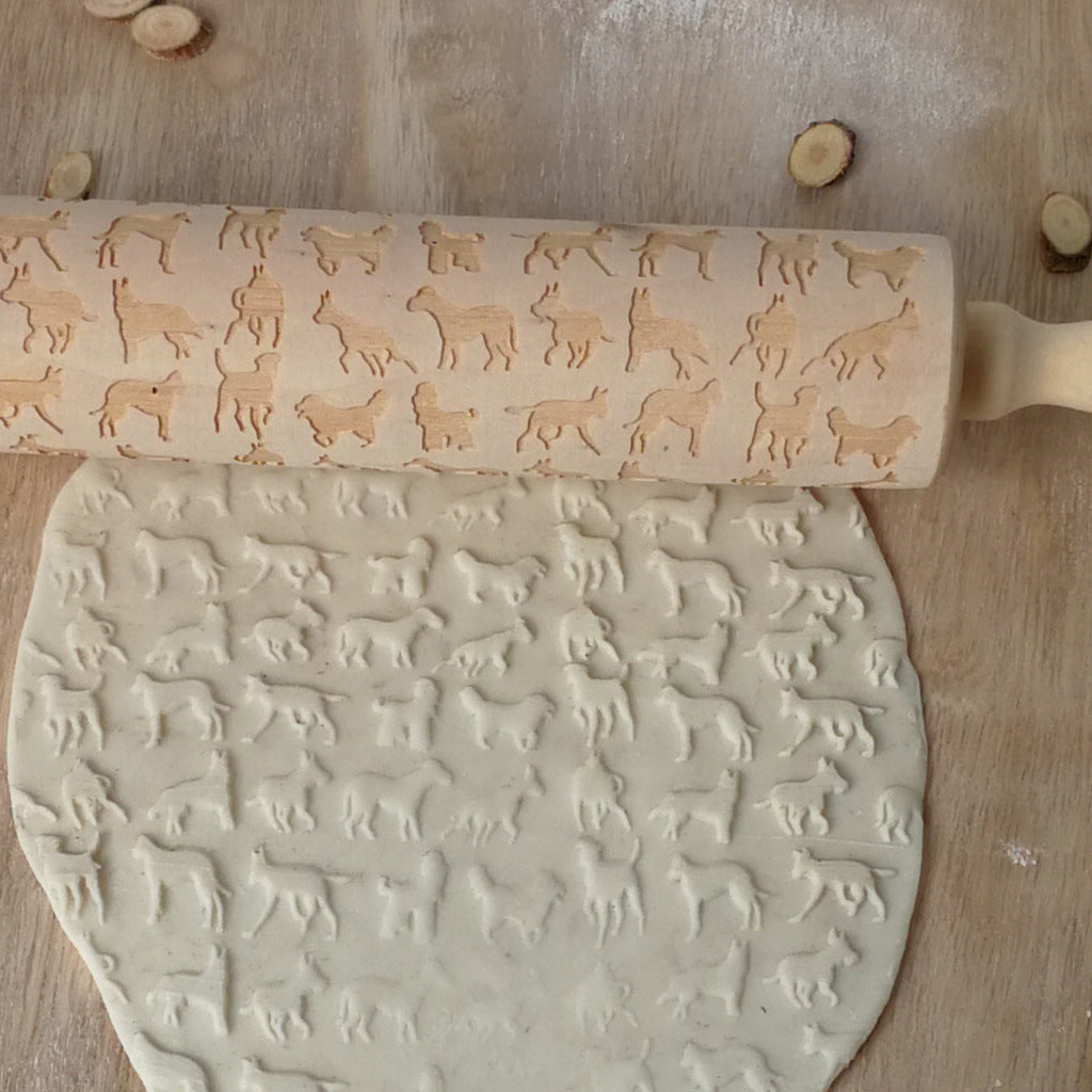 Pine Wood Rolling Pin: Dog, Embossed Cookies Clay Pottery Decor Baking