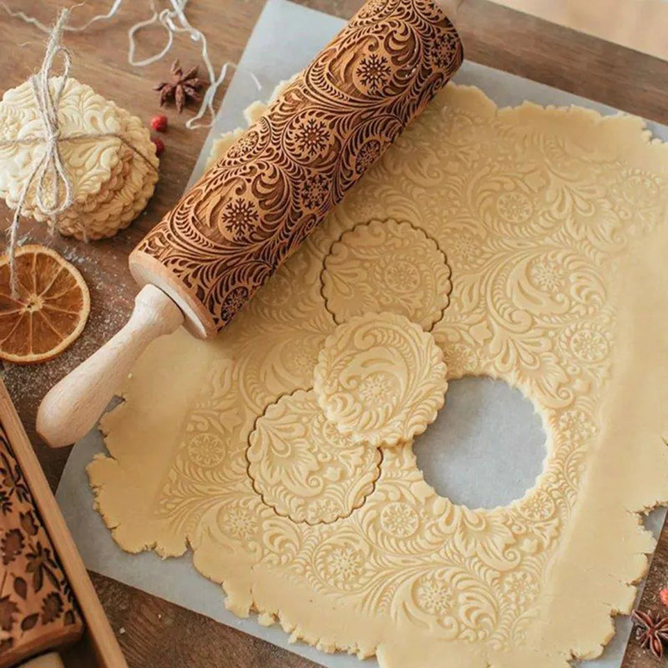 Pine Wood Rolling Pin: Elegant & Festive Theme, Embossed Cookies Clay Pottery Decor Baking