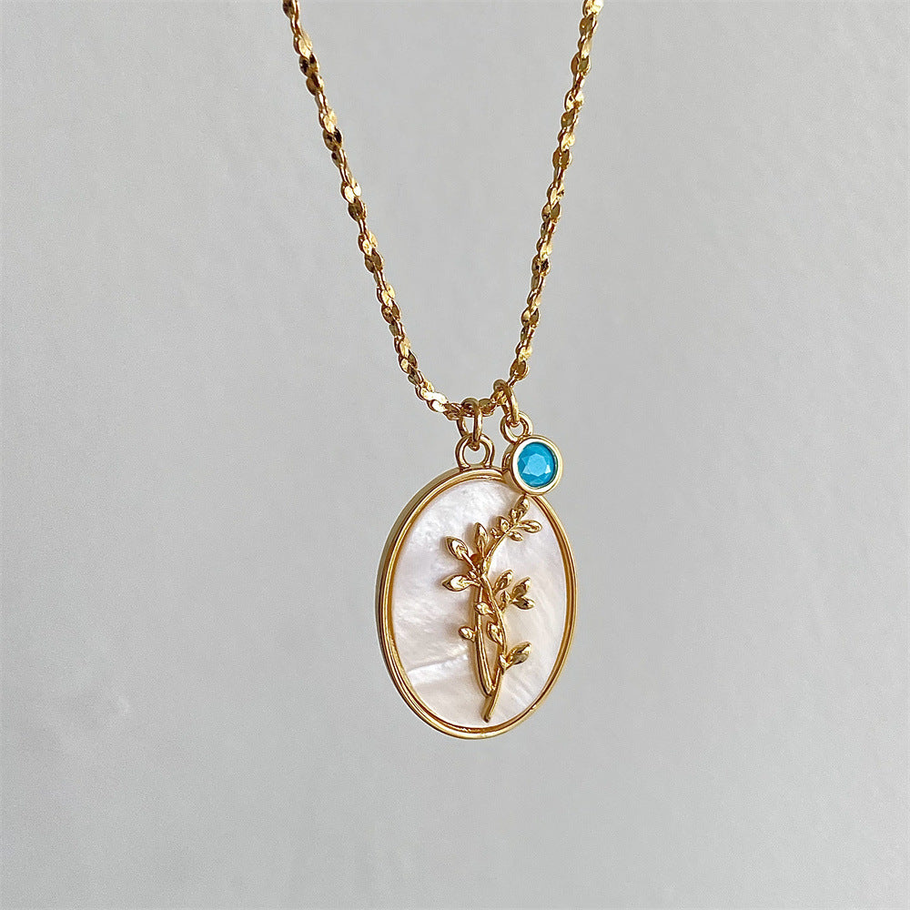 Birth Flower Shell Pendant Necklace with Birth Stone