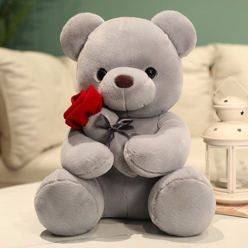 Plushies, Teddy Bear with Rose, Valentine's Day Gift, Graduation Gift Gray
