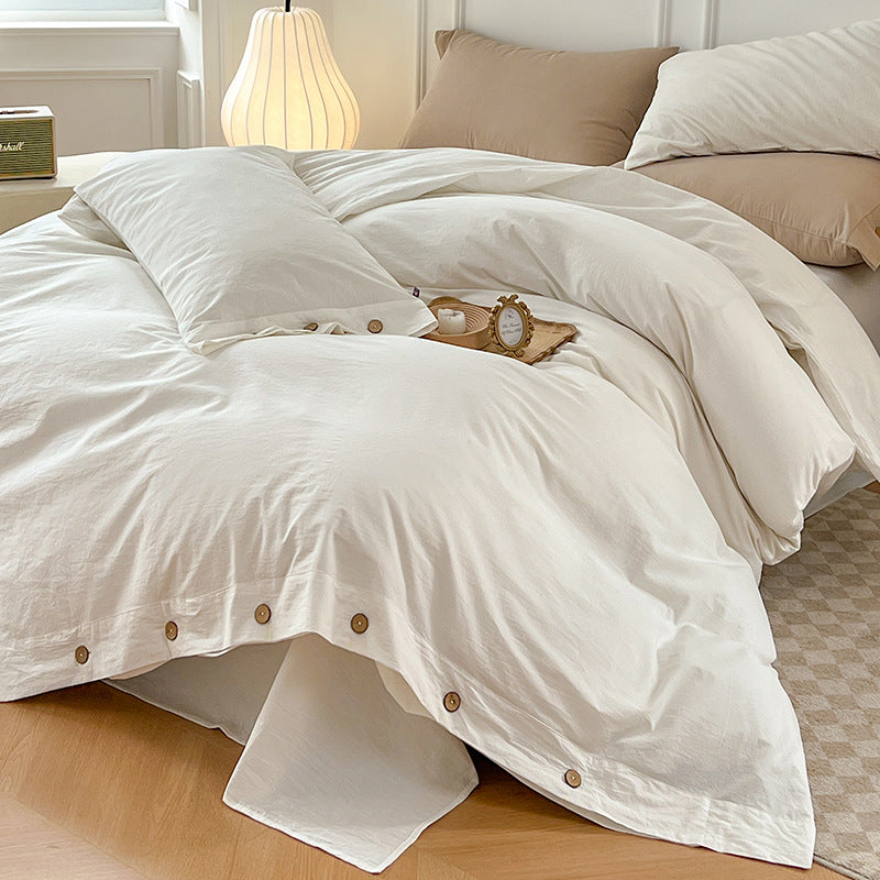 Washed Cotton Button Style Bedding Set, Plain Color, Simple, Modern