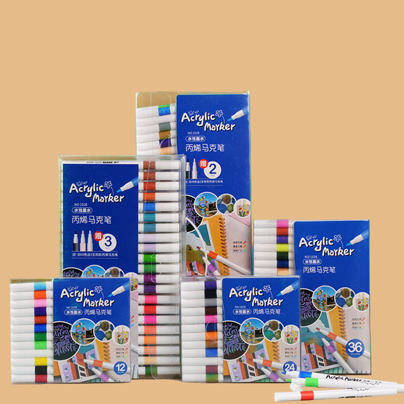Acrylic marker sets with packaging on a beige background