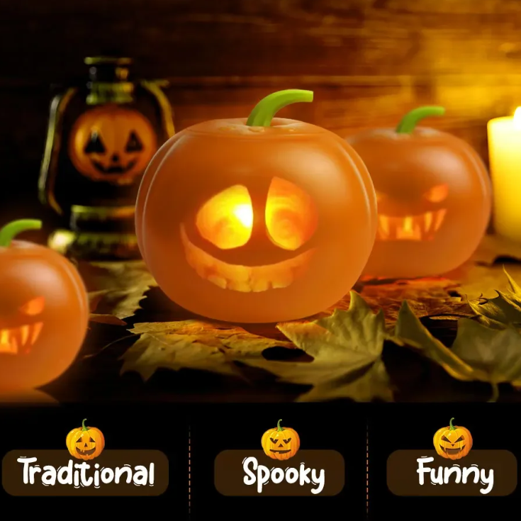 Halloween-themed scene with Talking and Singing Pumpkin Projector and a lantern on a wooden surface.