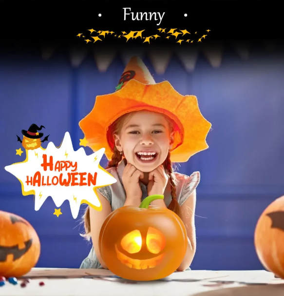 Child wearing a pumpkin-shaped hat with Talking and Singing Pumpkin Projectors on either side, against a dark background.