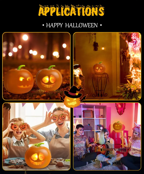 Halloween-themed decorations and activities with pumpkins and festive lights.