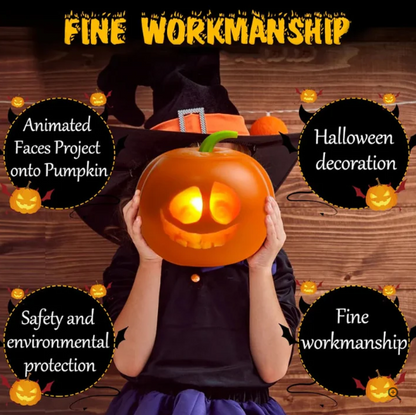 Person wearing a witch hat with a pumpkin in front of their face on a wooden background, surrounded by text about product features.