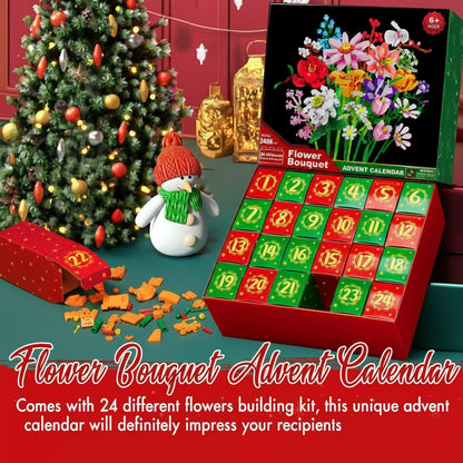 Flower Bouquet Advent Calendar with Christmas tree and snowman in the background