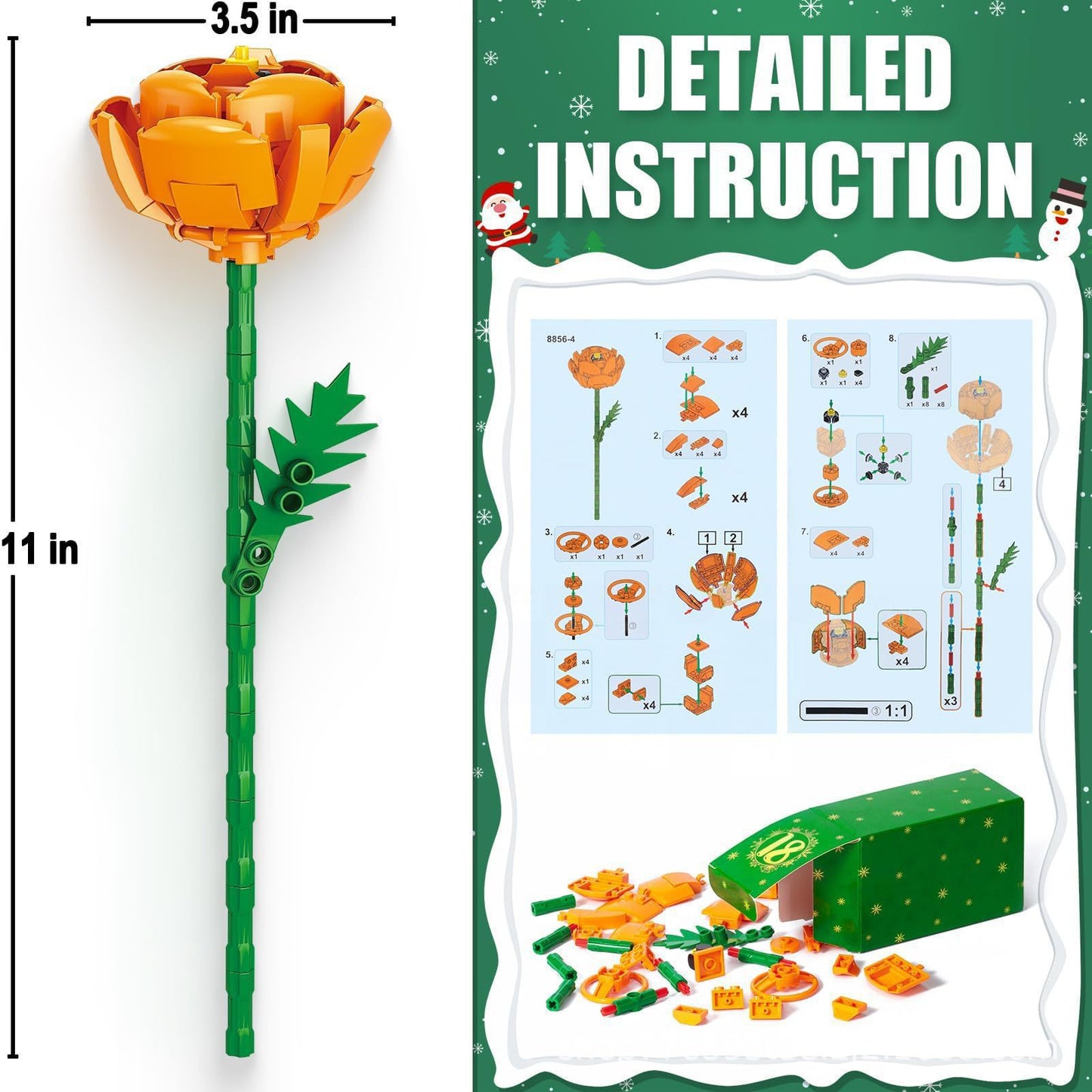 Toy flower with measurements and assembly instructions on a green background