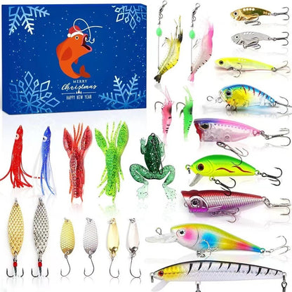 Assorted fishing lures with a Christmas-themed box in the background