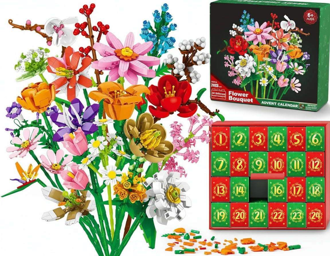 Flower building block set with an advent calendar and packaging on a white background