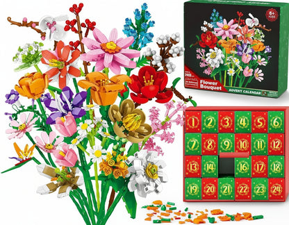 Flower building block set with an advent calendar and packaging on a white background