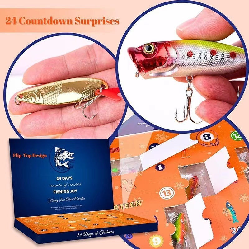 Fishing lure calendar with close-ups of lures and packaging on a peach background.