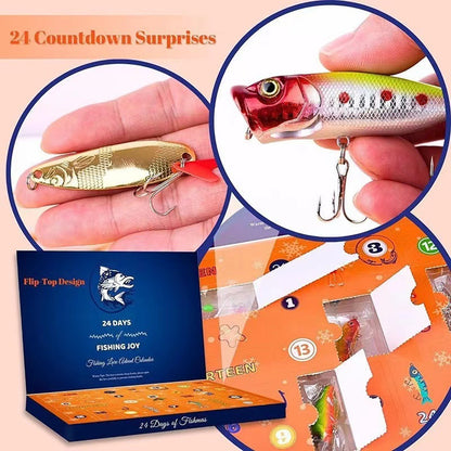 Fishing lure calendar with close-ups of lures and packaging on a peach background.
