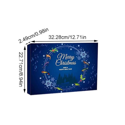 Blue Christmas-themed box with festive designs and dimensions labeled
