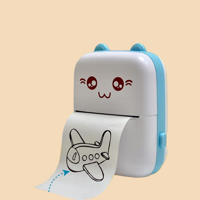 Small printer with cartoon face and airplane drawing on a colorful background