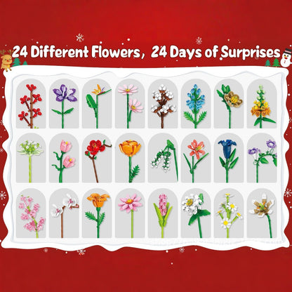 24 different flowers displayed in a grid with a red background and text '24 Different Flowers, 24 Days of Surprises'.