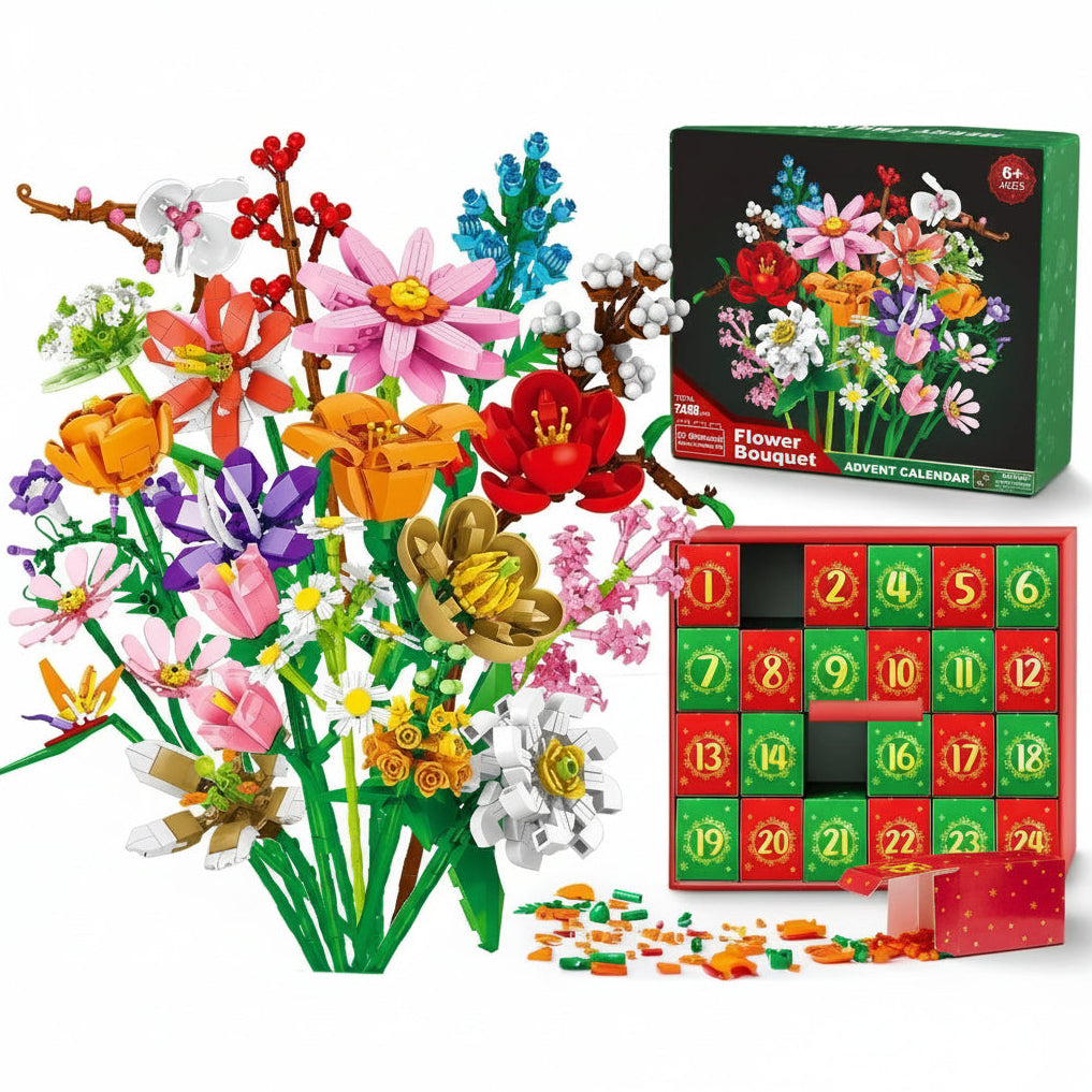 Colorful flower building block set with an advent calendar on a light purple background