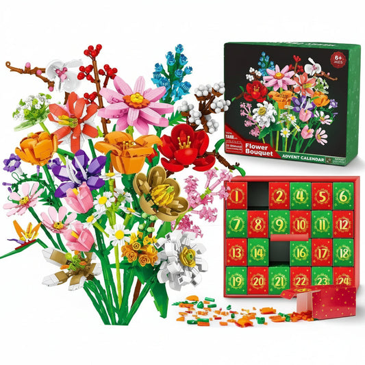 Colorful flower building block set with an advent calendar on a light purple background