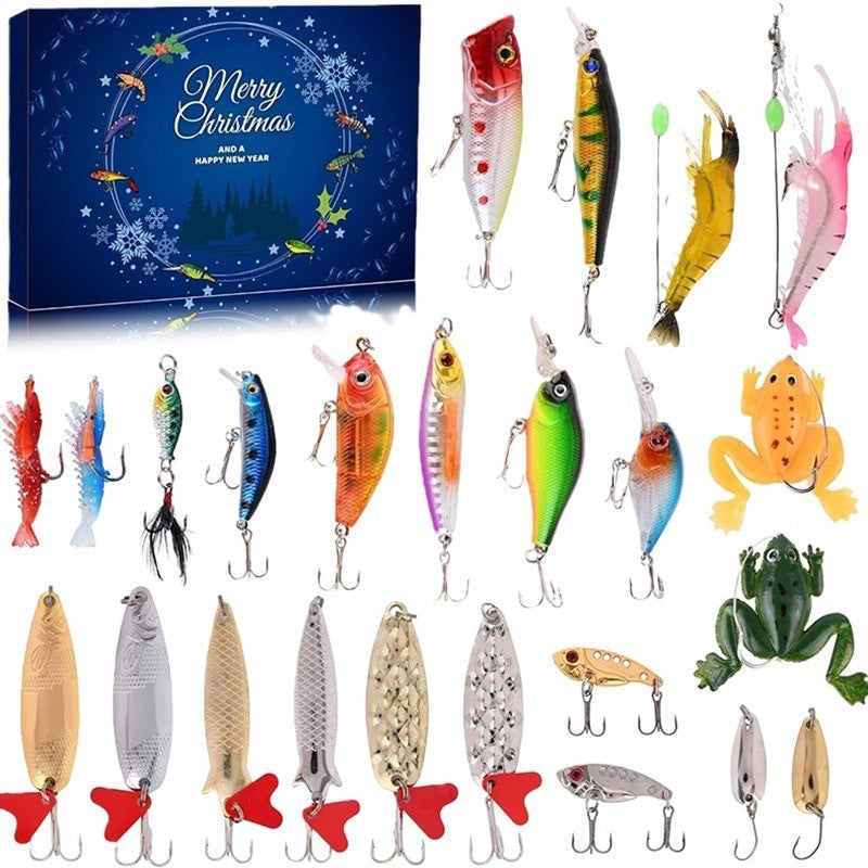 Assorted fishing lures with a Christmas-themed box in the background