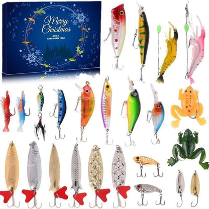 Assorted fishing lures with a Christmas-themed box in the background