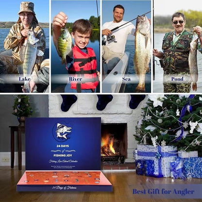 Collage of fishing-themed images with a calendar and Christmas tree.