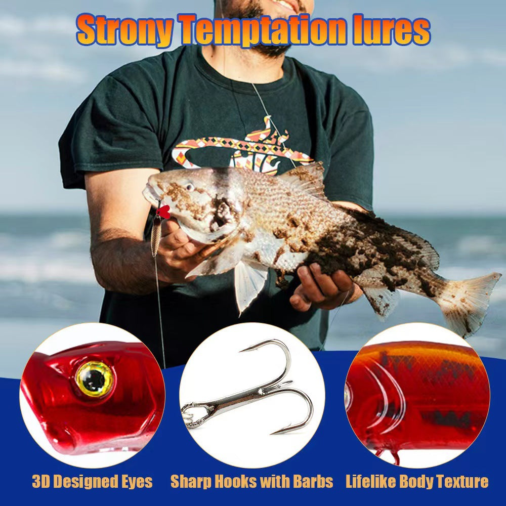 Man holding a fish caught with Strony Temptation lures, showing product details.