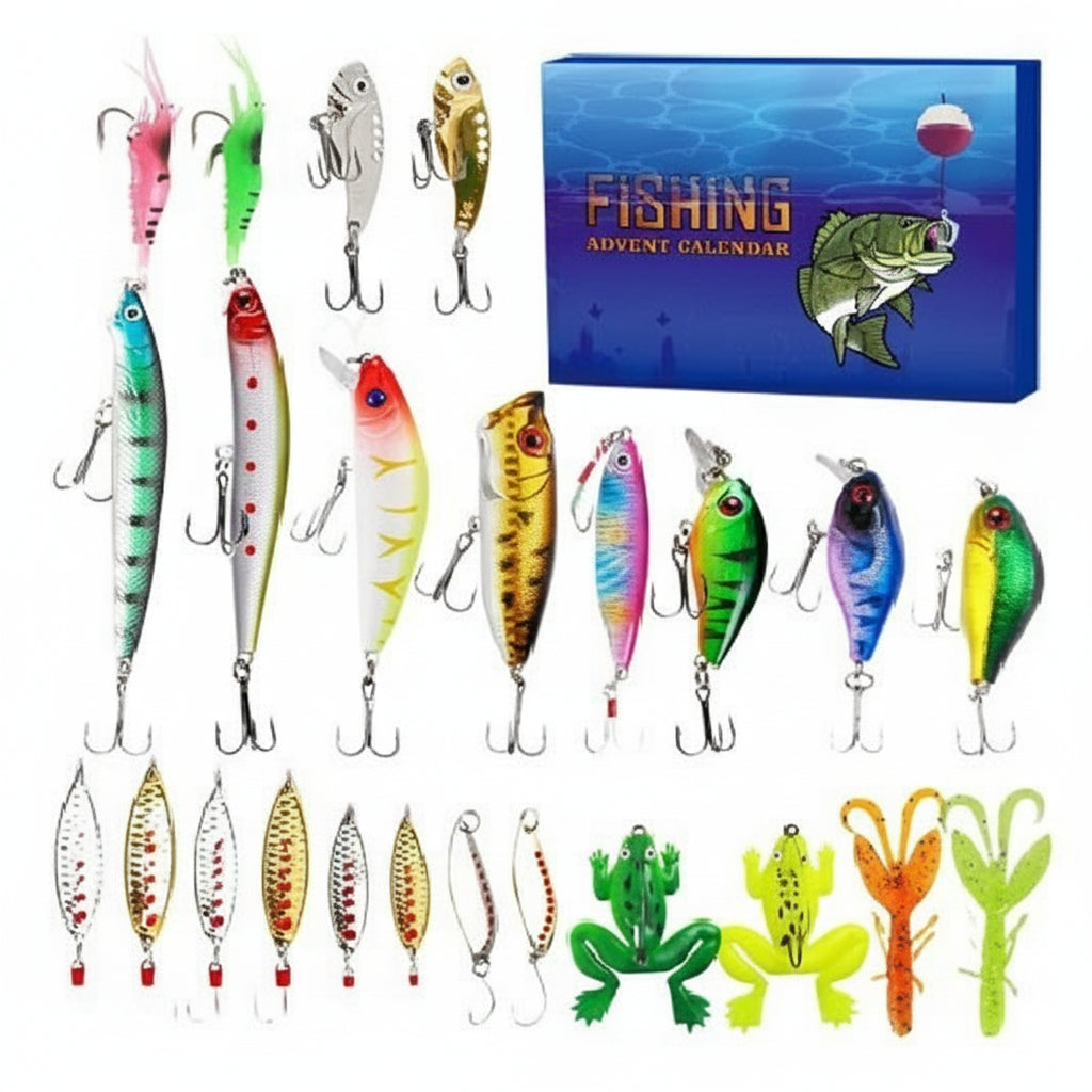 Assorted fishing lures and tackle with a blue box labeled 'Fishing' on a white background.