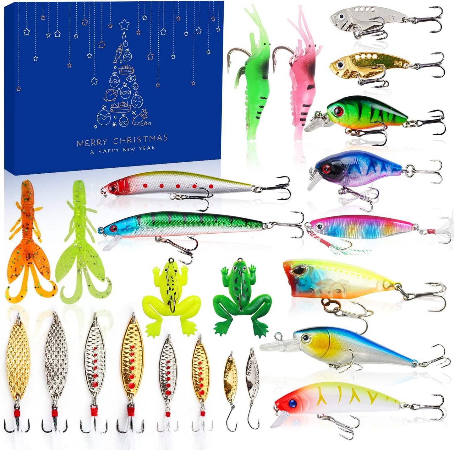 Assorted fishing lures with a Christmas-themed box in the background