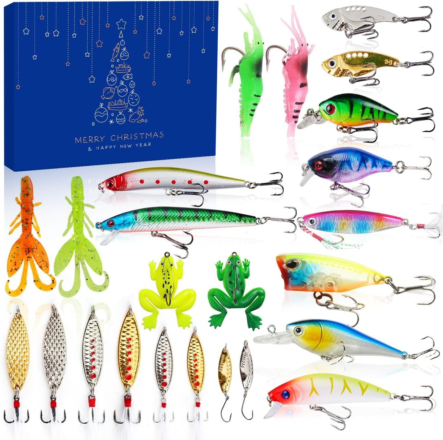Assorted fishing lures with a Christmas-themed box in the background