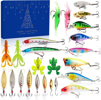 Assorted fishing lures with a Christmas-themed box in the background