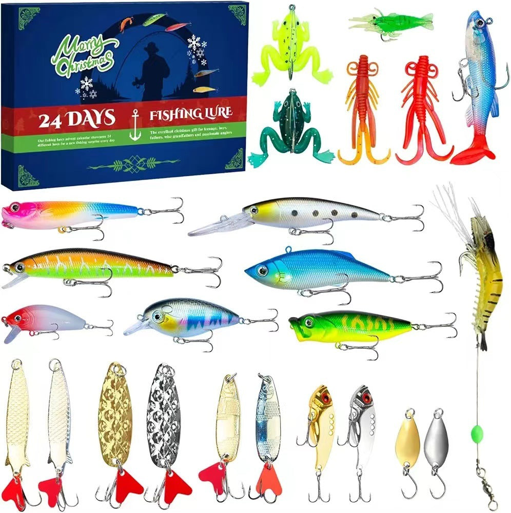Fishing lures with a box labeled '24 Days Fishing Lure' featuring various colors and designs.