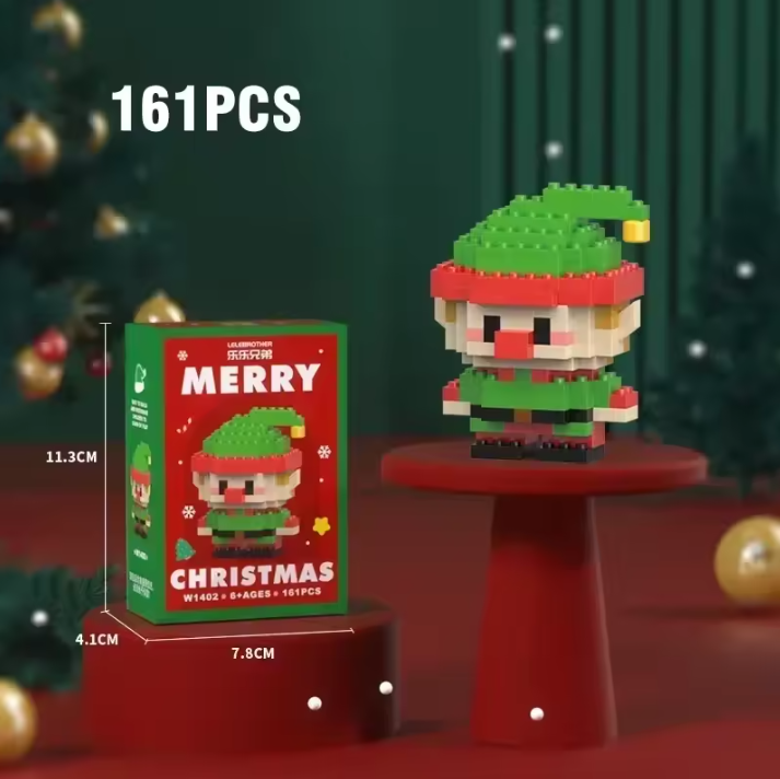 Christmas-themed building block set with packaging and measurements on a festive background