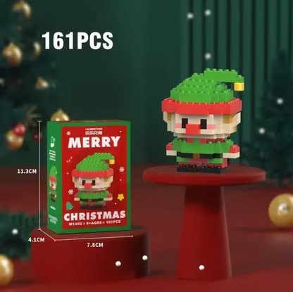 Christmas-themed building block set with packaging and measurements on a festive background