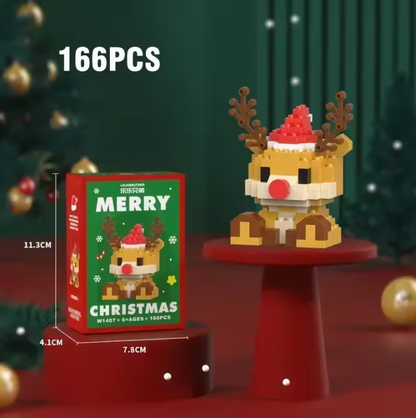 Christmas-themed building block set with reindeer design and packaging on a festive background.