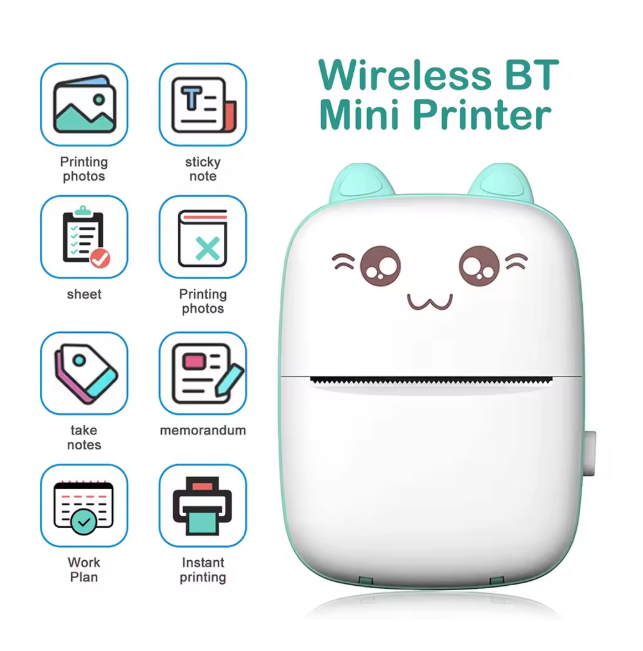 Wireless Inkless Mini Printer with cartoon face and icons on a white background