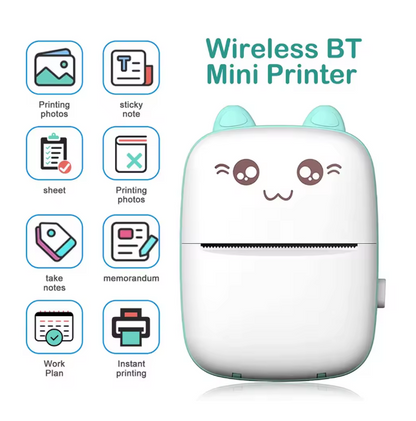 Wireless Inkless Mini Printer with cartoon face and icons on a white background
